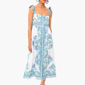 Juliet Dunn Blue Rose Border Tie Shoulder Dress
